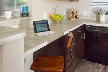 Kitchen with Built-in Desk USB Outle at Stevenson Lane Apartments, Maryland, 21204