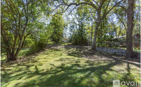 A backyard with a lawn and trees.