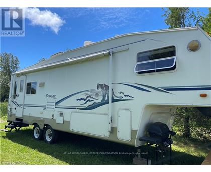 A white RV with a blue stripe and a fish design is parked on grass.