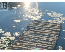 A wooden dock with lily pads floating on the water.