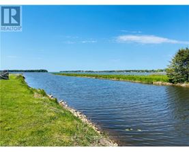 A river flows through a grassy area with a clear blue sky above.