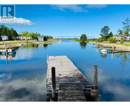 A wooden dock extends into a calm body of water with houses and trees in the background.