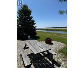 A picnic table sits on a gravel area next to a tree and a body of water.