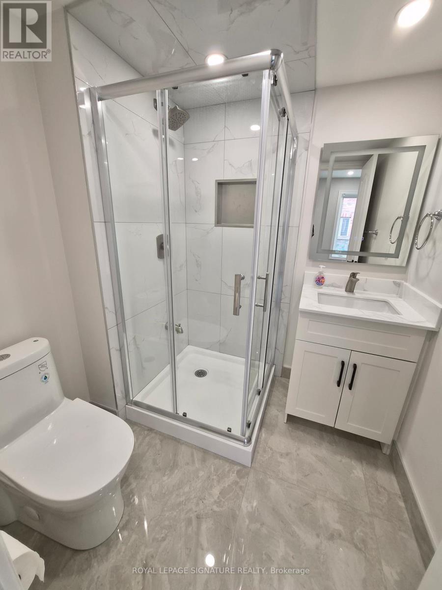 A white toilet is next to a walk-in shower in a bathroom.