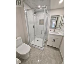 A white toilet is next to a walk-in shower in a bathroom.