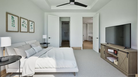 Image of spacious bedroom with walk in closet located at Illuminate Luxury Residences in Madison, WI