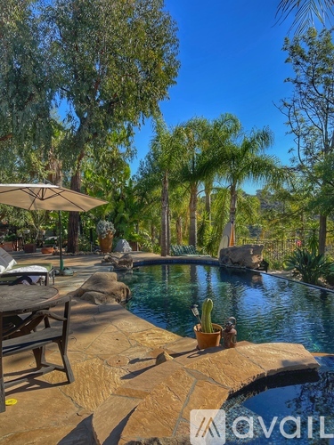 A pool surrounded by trees and plants with a table and chairs by the poolside.