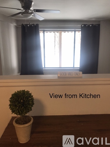 A view from a kitchen with a sign that says "Good View Only".
