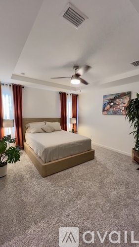 A bedroom with a bed, a ceiling fan, and a plant.