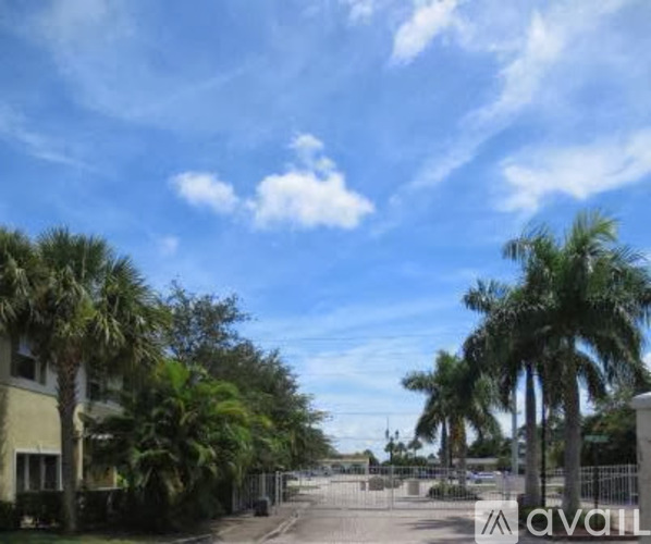 A street lined with palm trees under a blue sky.