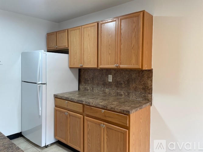 A kitchen with a white refrigerator and wooden cabinets.