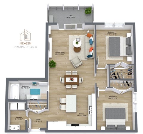 A floor plan of a two-bedroom apartment from Nexgen Properties.