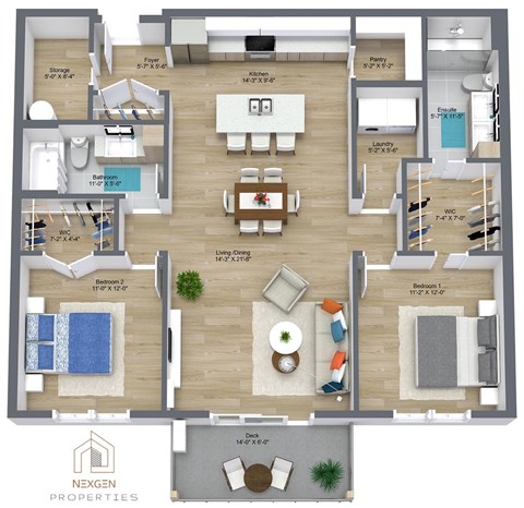 A floor plan of a house with a living room, two bedrooms, a bathroom, a kitchen, and a deck.