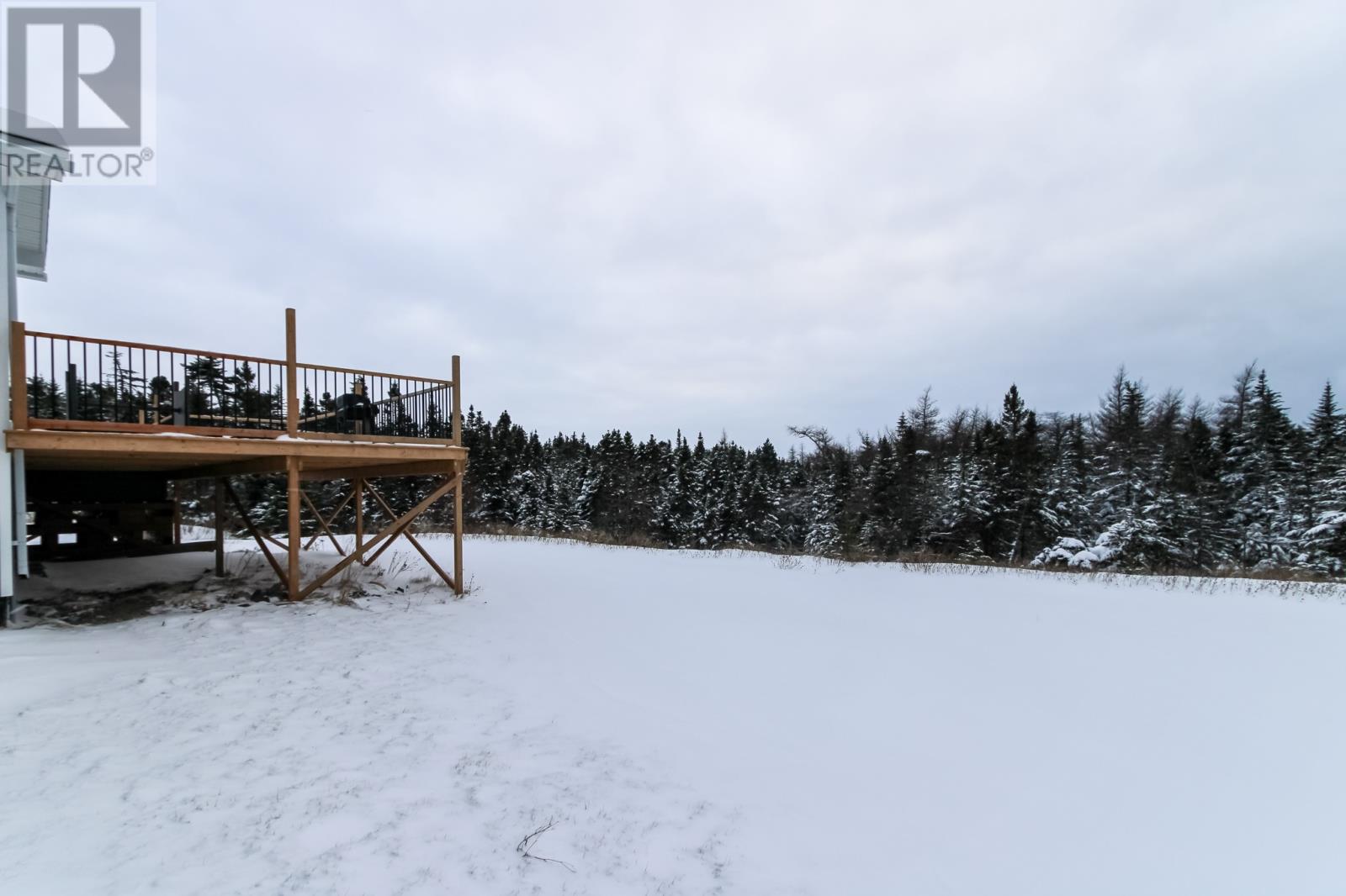 A wooden deck in the snow with trees in the background.