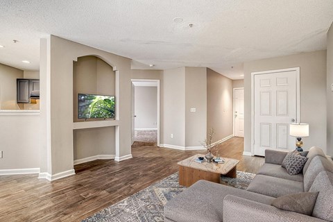 A living room with a grey couch and a television.