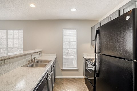 A black refrigerator stands in a kitchen with a sink and window.