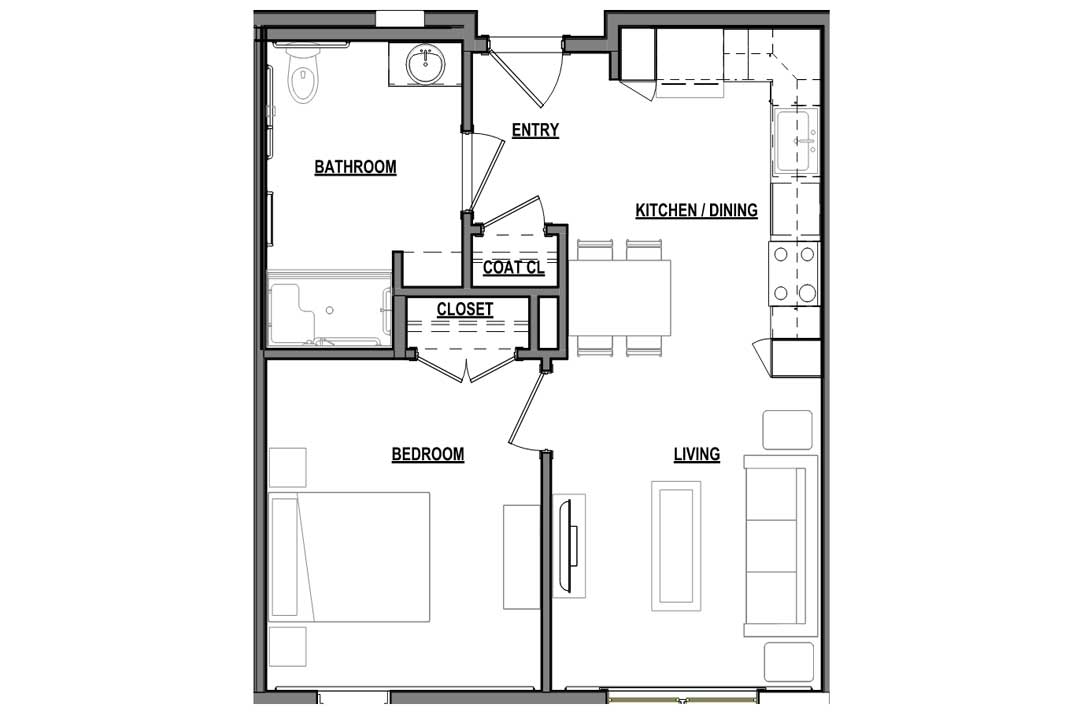 One bedroom with open floor plan for space for dining and living room