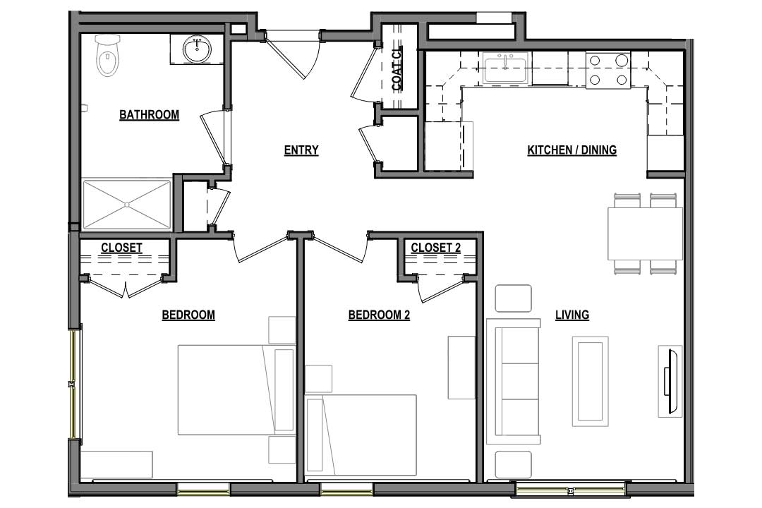 Spacious apartment with 2 bedrooms, 1 full bath, and living and dining space.