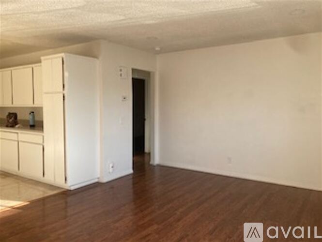 A room with wooden floors and white walls, with a cabinet and a door visible.