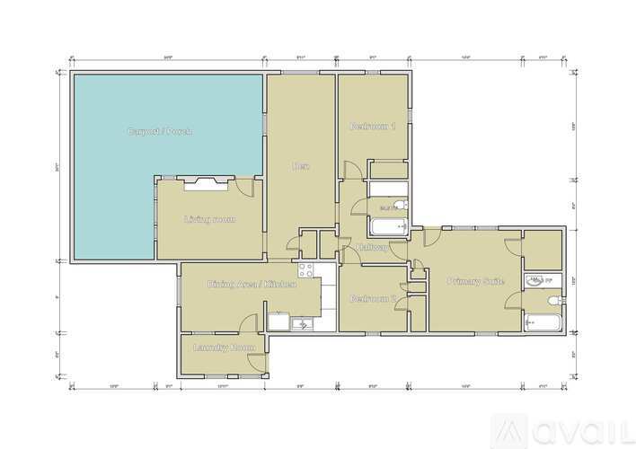 A floor plan of a house with a swimming pool and labeled rooms.