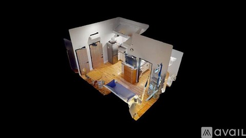 A 3D image of a room with a kitchen, living room, and bathroom.