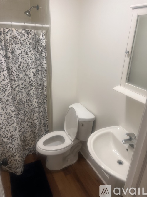 A bathroom with a toilet, sink and shower curtain.