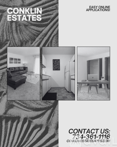 A black and white image of a living room with the text "CONKLIN ESTATES" and "EASY ONLINE APPLICATIONS!"