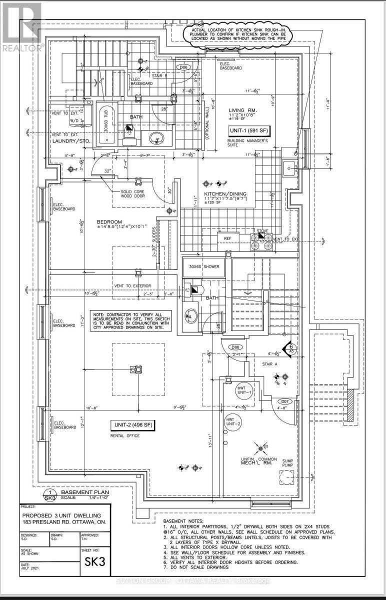 A detailed floor plan for a building, including a basement, first, and second floor with various rooms and measurements.
