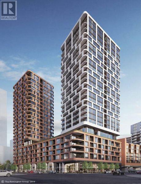A rendering of a modern multi-story building with a glass facade.