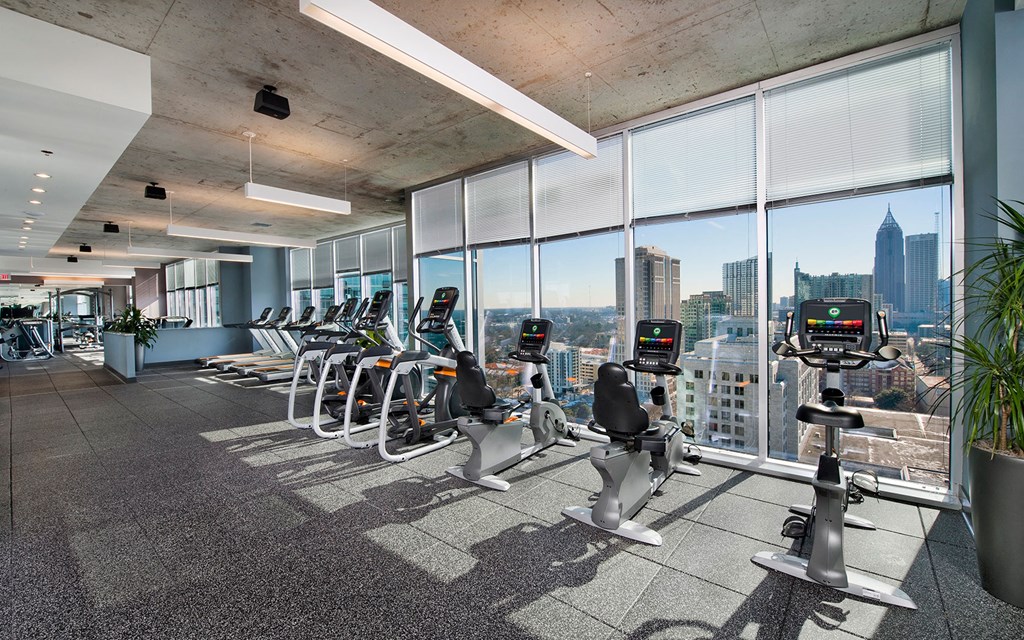a gym with cardio machines and a view of the city