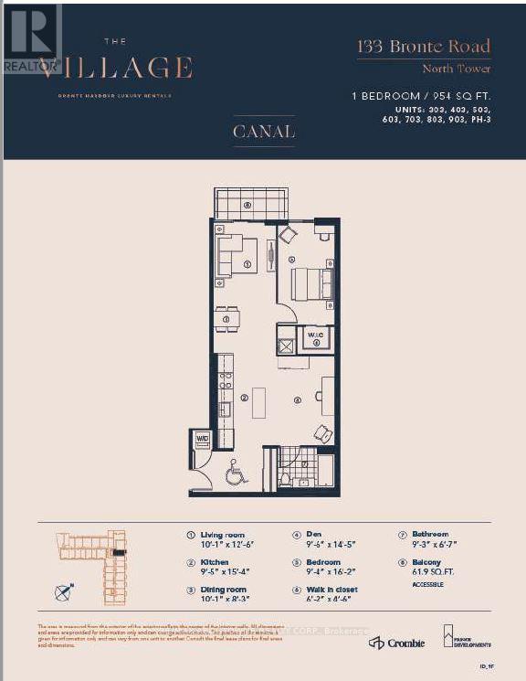 A floor plan for a one bedroom apartment at The Village at Canale.