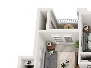 Illustrative floor plan 1x1 illustrative floor plan with patio at Ashley Collegetown in Atlanta, Georgia