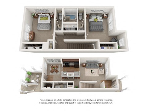 2x2 illustrative 2 story floor plan at Ashley Collegetown in Atlanta Georgia