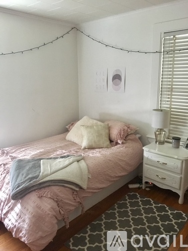 A bedroom with a bed, nightstand, and a rug.