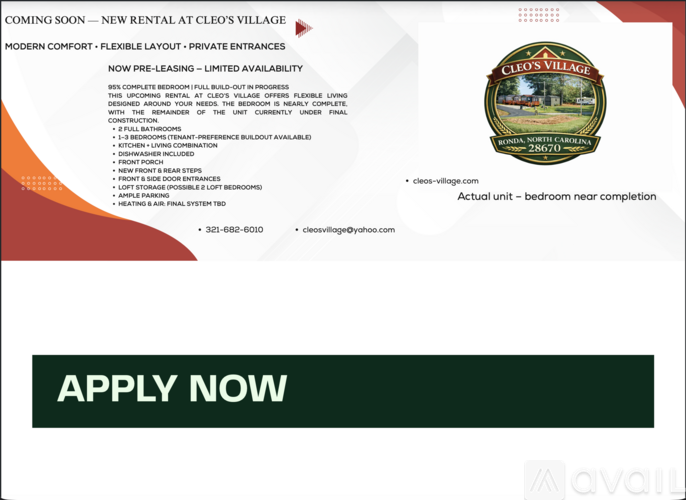 A flyer advertises a new rental at Cleo's Village, highlighting its modern comfort and private entrances.