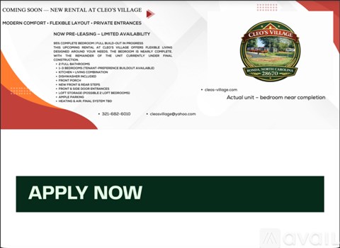 A flyer advertises a new rental at Cleo's Village, highlighting its modern comfort and private entrances.