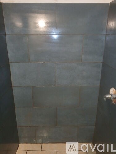 A shower with a black tile wall and a silver faucet.