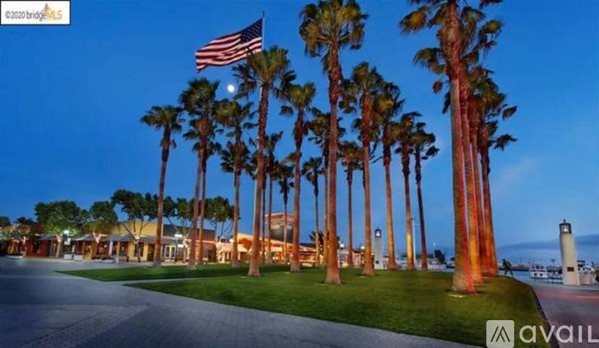 A building with palm trees in front and an American flag on top.