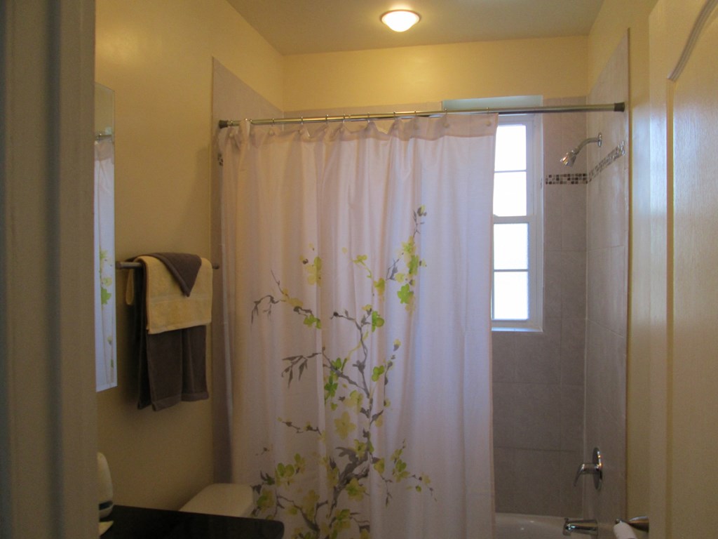 a small bathroom with a shower and a white shower curtain