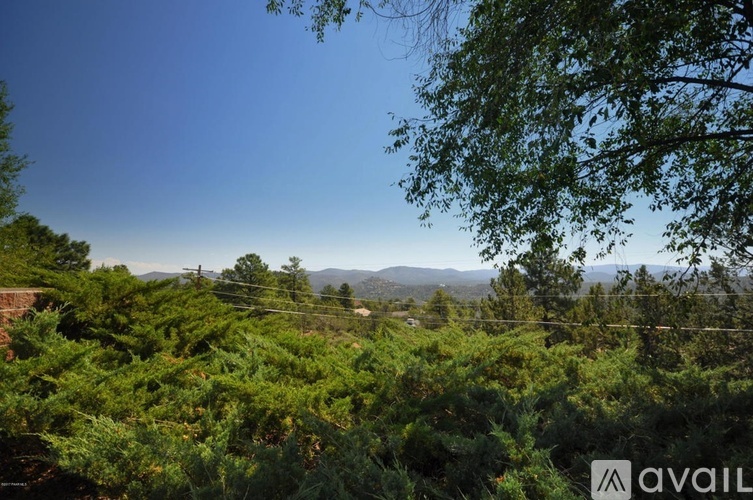 A view of a landscape with trees and mountains in the distance.