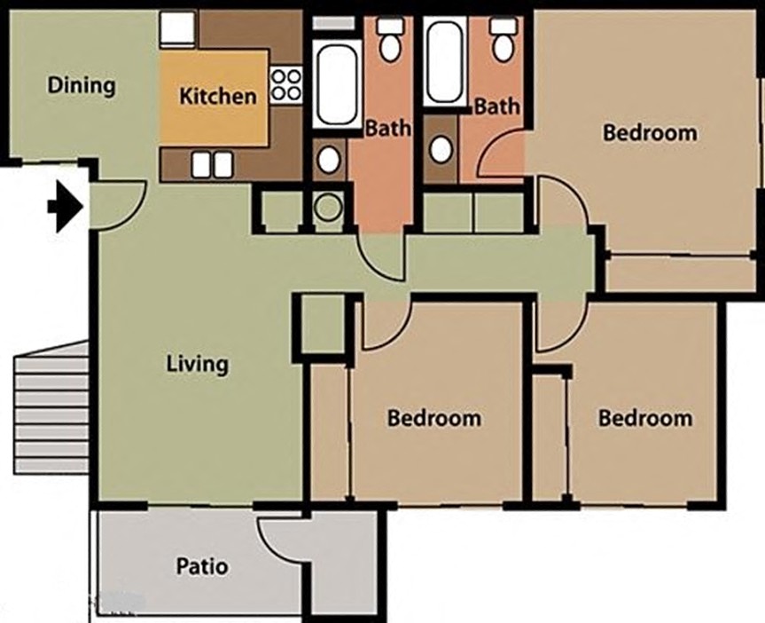 Floor Plan 3 plus 2 at The Oaks Apartments, Upland, California