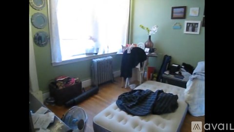A room with a bed, a radiator, and a window.