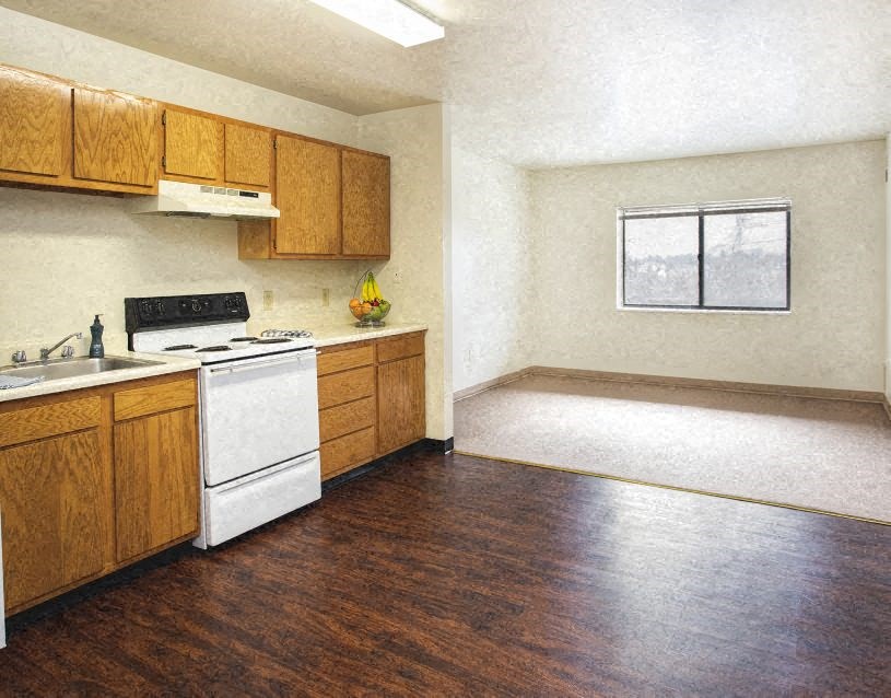an empty kitchen with a stove and a sink