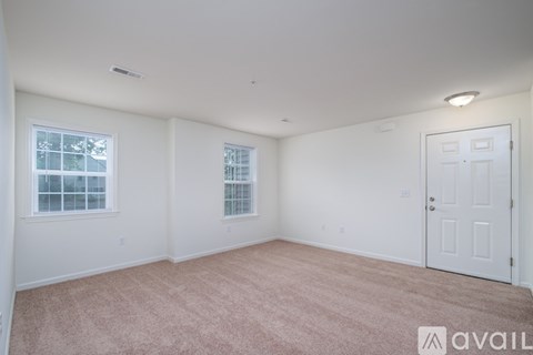 A room with a carpeted floor, two windows, and a door.