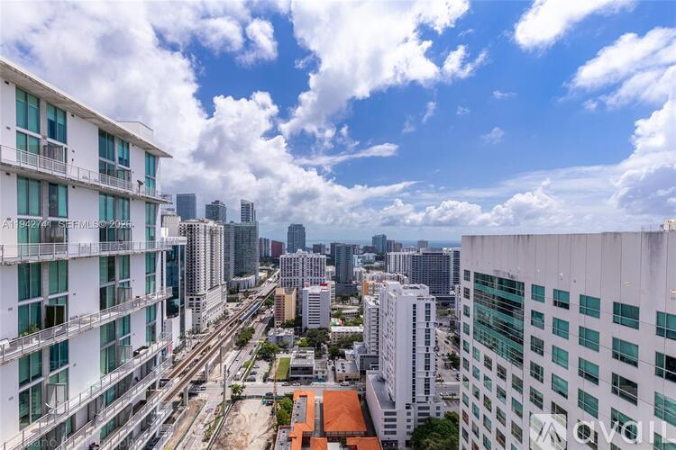 A cityscape with buildings and a clear sky.