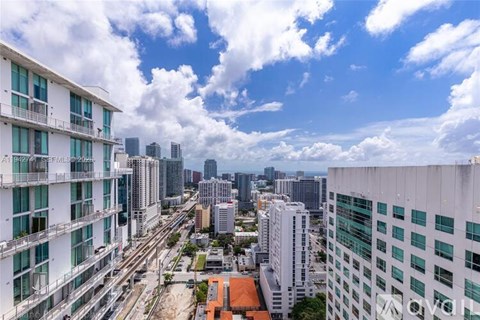 A cityscape with buildings and a clear sky.