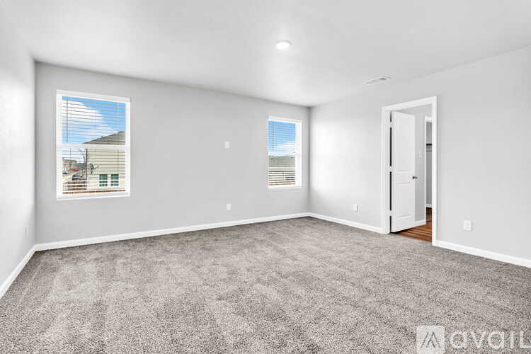 A spacious room with a carpeted floor and two windows.