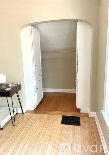 A white closet with a black doormat in front of a wooden floor.
