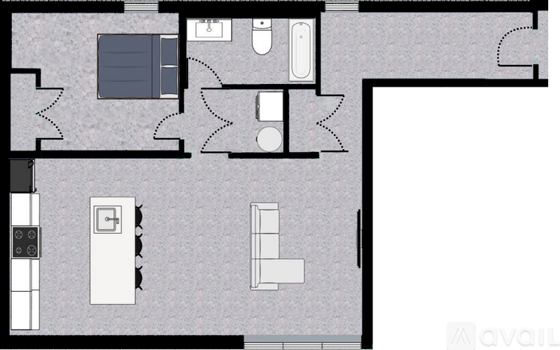 A floor plan of a house with a kitchen, living room, and two bedrooms.
