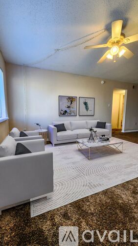 A living room with a white couch and a rug.